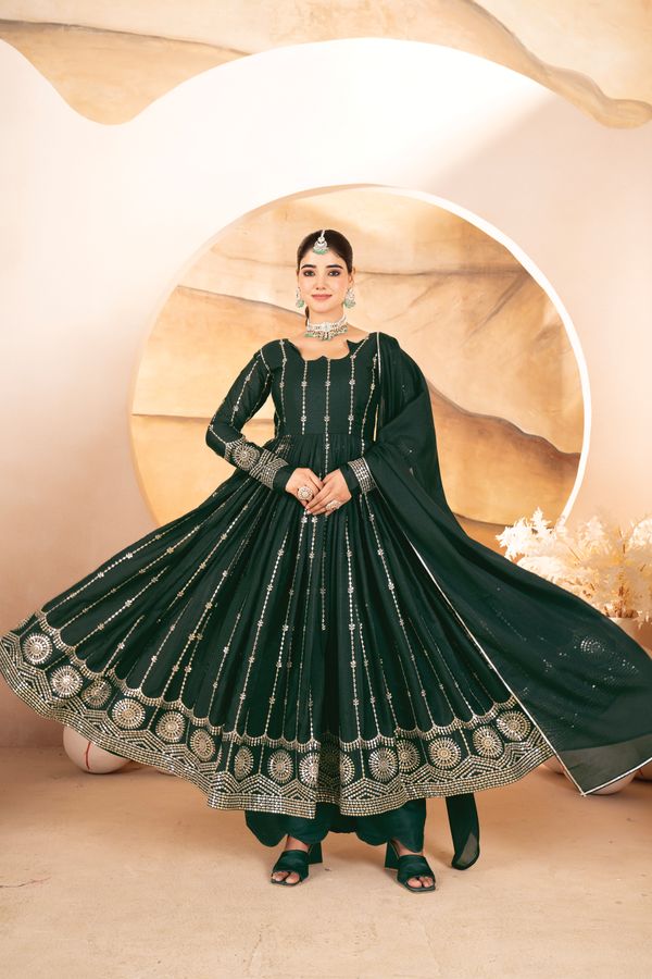 Dark Green Sequins Anarkali Suit Set with Dupatta | Varnavi