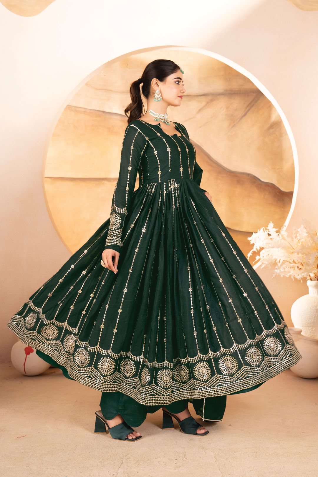 Dark Green Sequins Anarkali Suit Set with Dupatta | Varnavi
