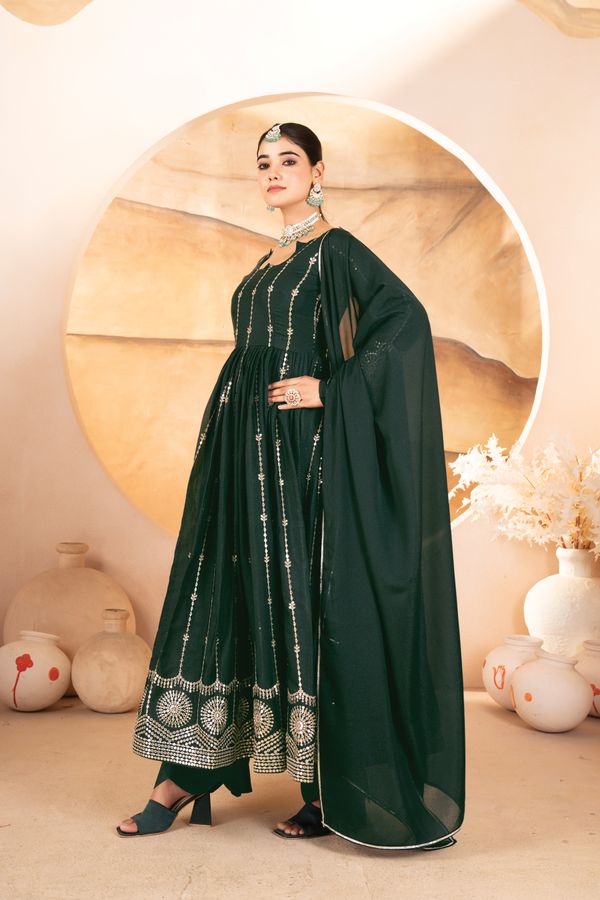 Dark Green Sequins Anarkali Suit Set with Dupatta | Varnavi