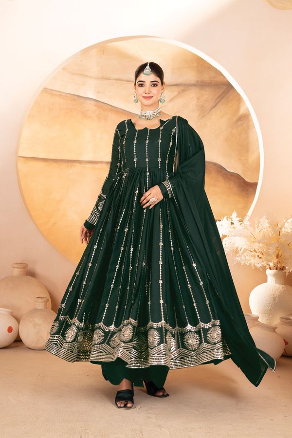 Dark Green Sequins Anarkali Suit Set with Dupatta | Varnavi