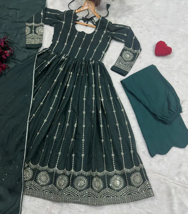 Dark Green Sequins Anarkali Suit Set with Dupatta | Varnavi