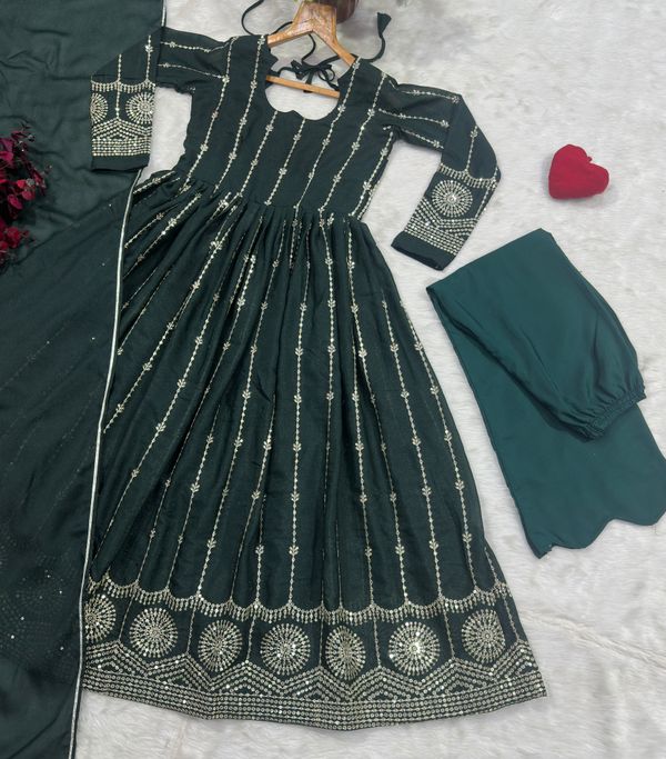 Dark Green Sequins Anarkali Suit Set with Dupatta | Varnavi
