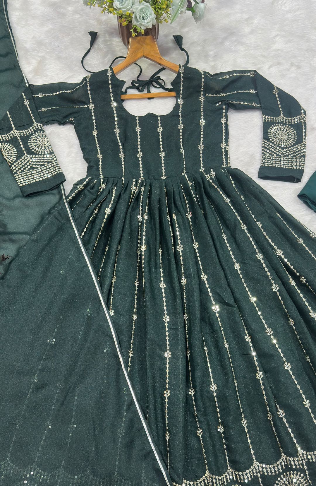 Dark Green Sequins Anarkali Suit Set with Dupatta | Varnavi