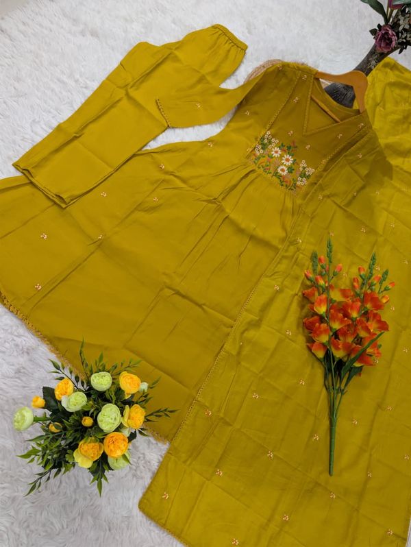 Mustard Embroidered Chanderi Kurta Set for Women - Varnavi.