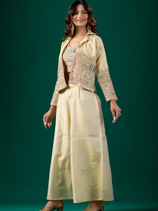 Women’s Embroidered Crop Top & Jacket Palazzo Set | Varnavi