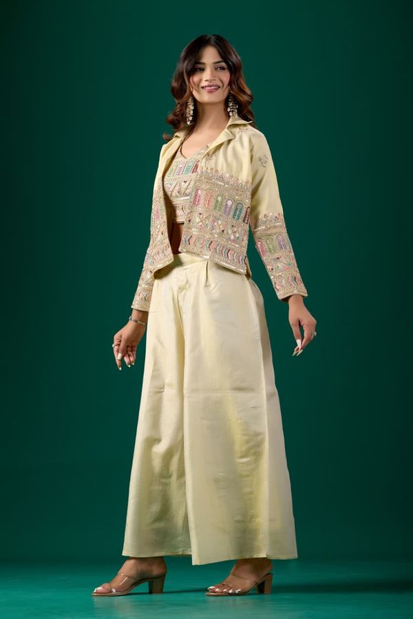 Women’s Embroidered Crop Top & Jacket Palazzo Set | Varnavi