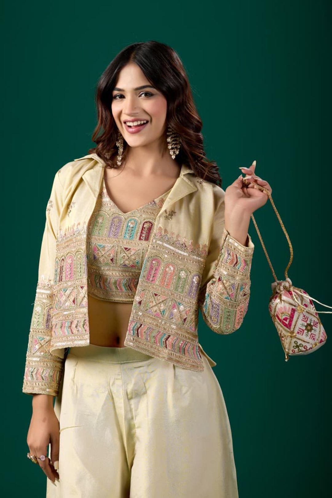 Women’s Embroidered Crop Top & Jacket Palazzo Set | Varnavi
