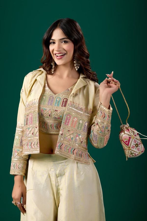 Women’s Embroidered Crop Top & Jacket Palazzo Set | Varnavi