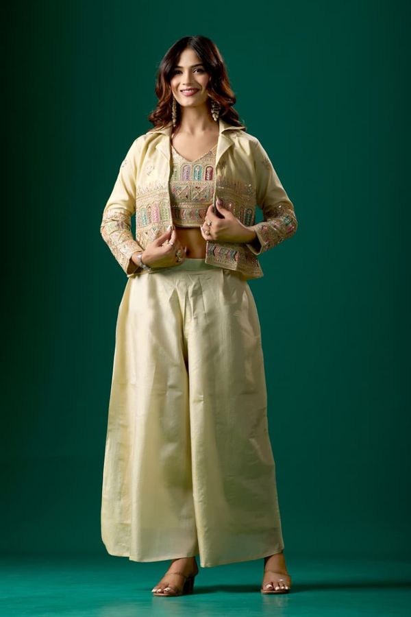 Women’s Embroidered Crop Top & Jacket Palazzo Set | Varnavi
