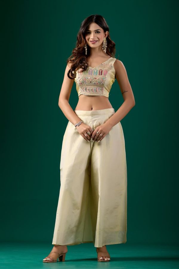 Women’s Embroidered Crop Top & Jacket Palazzo Set | Varnavi