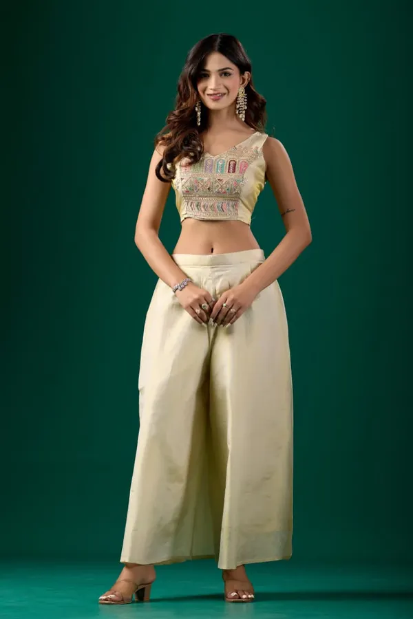 Women’s Embroidered Crop Top & Jacket Palazzo Set | Varnavi