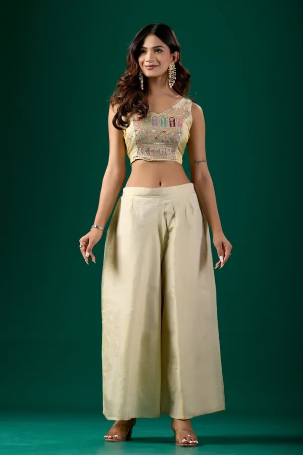 Women’s Embroidered Crop Top & Jacket Palazzo Set | Varnavi