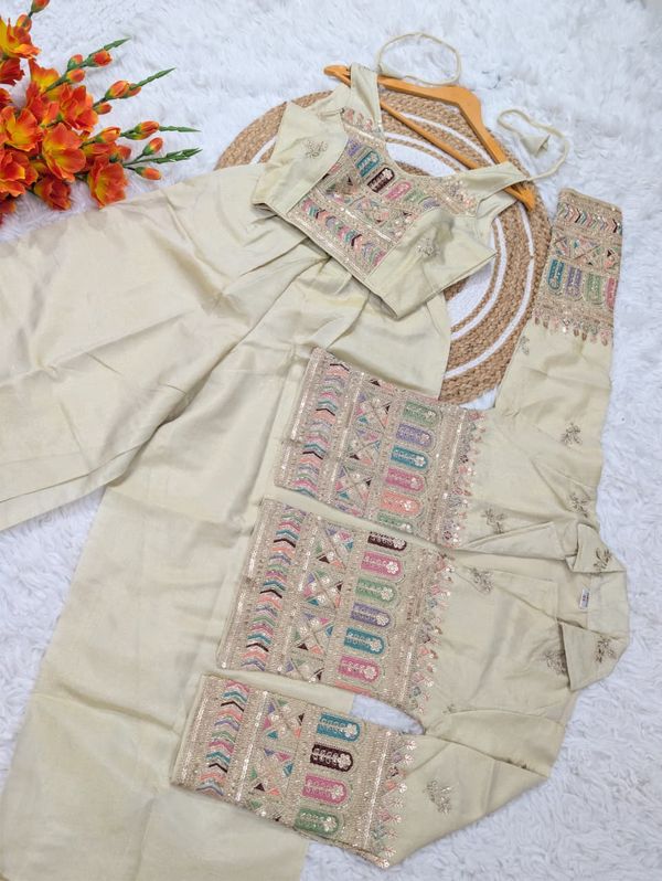 Women’s Embroidered Crop Top & Jacket Palazzo Set | Varnavi