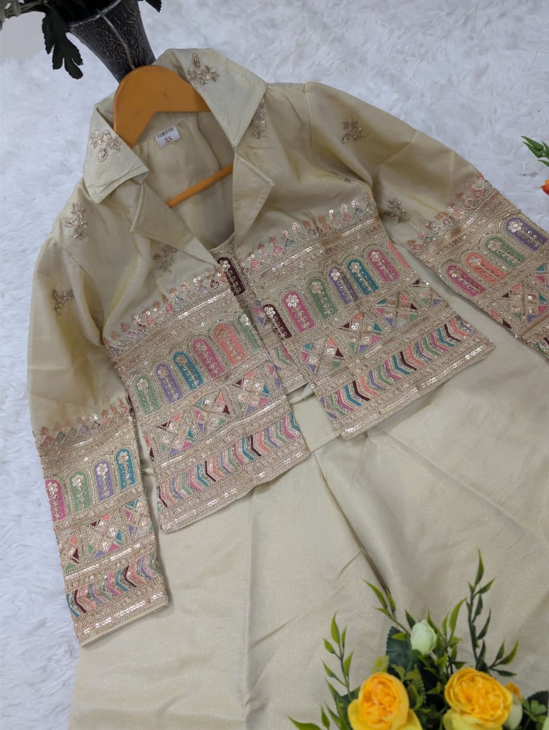 Women’s Embroidered Crop Top & Jacket Palazzo Set | Varnavi