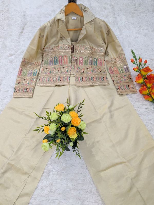 Women’s Embroidered Crop Top & Jacket Palazzo Set | Varnavi