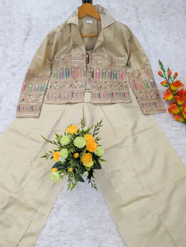 Women’s Embroidered Crop Top & Jacket Palazzo Set | Varnavi