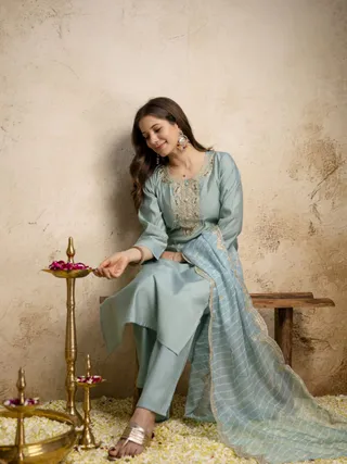 Pastel Blue Embroidered Chanderi Kurta Set with Dupatta