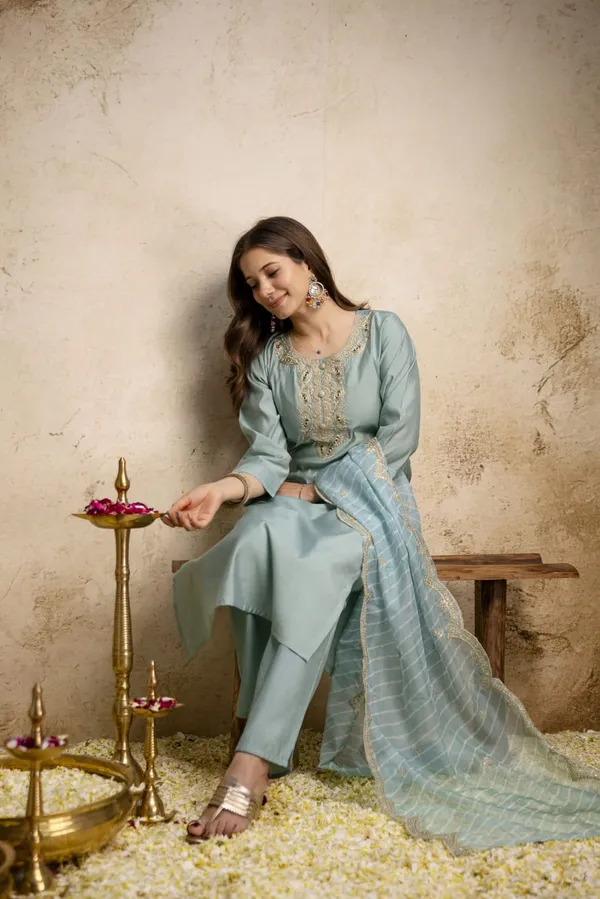 Pastel Blue Embroidered Chanderi Kurta Set with Dupatta
