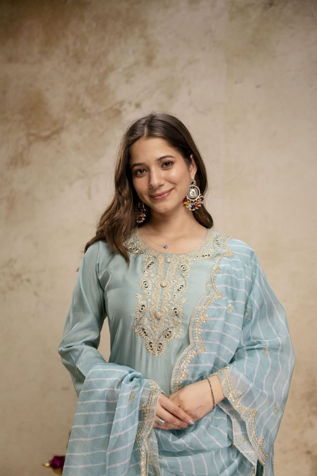 Pastel Blue Embroidered Chanderi Kurta Set with Dupatta