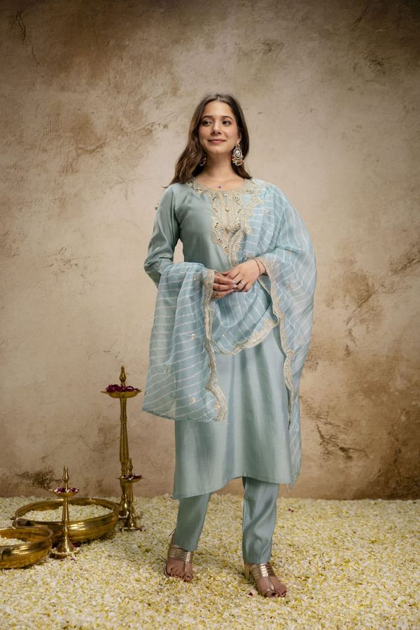 Pastel Blue Embroidered Chanderi Kurta Set with Dupatta