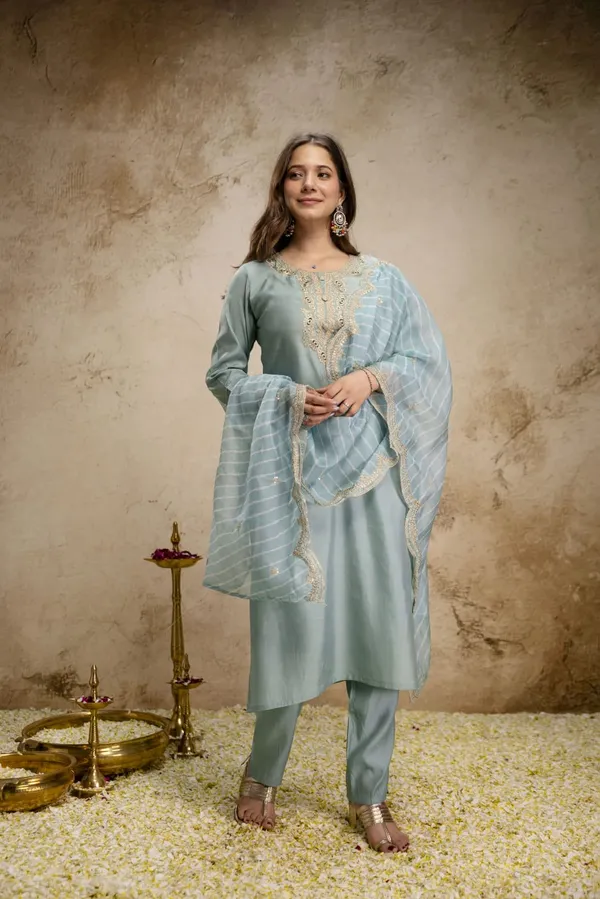 Pastel Blue Embroidered Chanderi Kurta Set with Dupatta