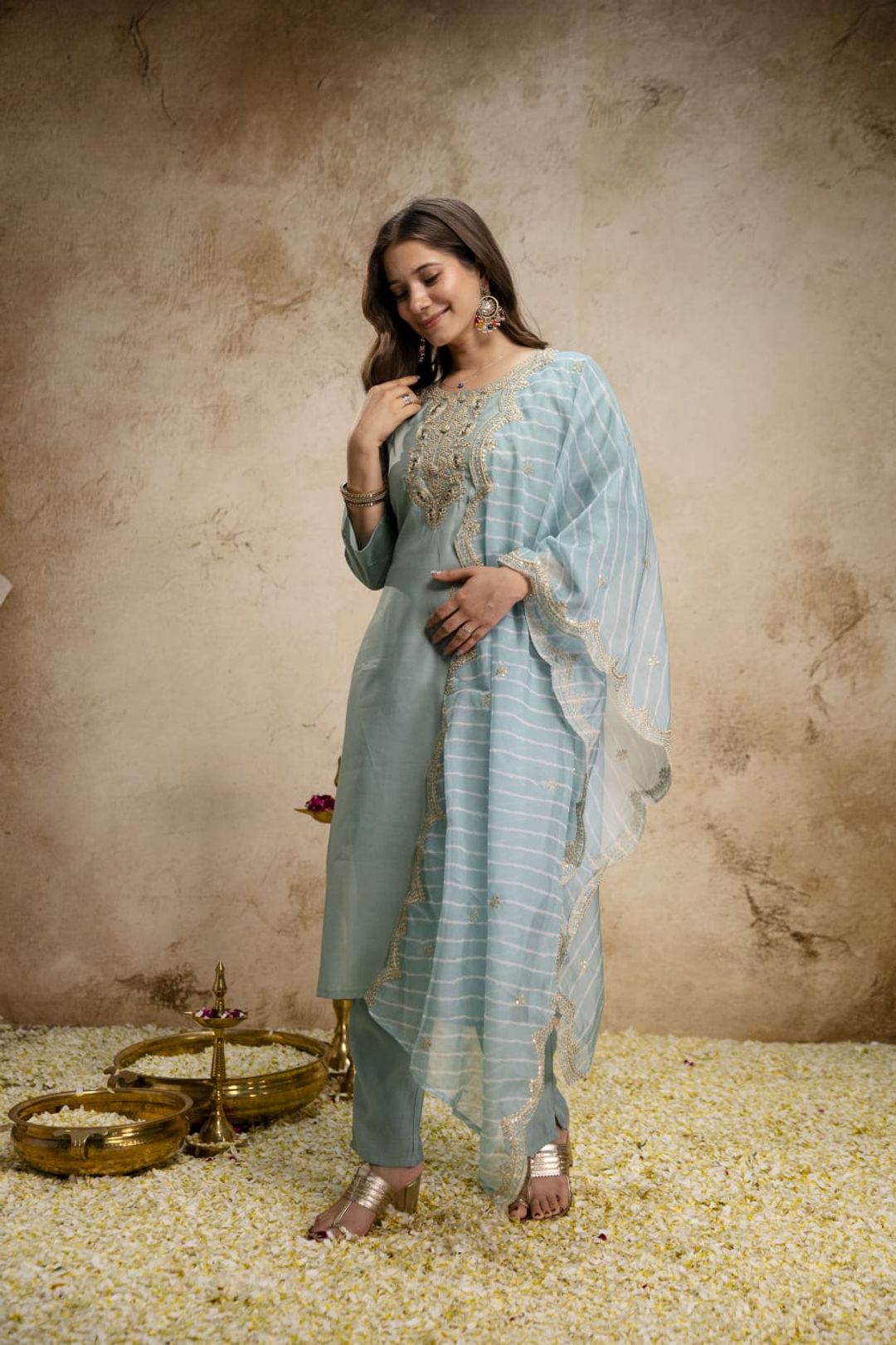 Pastel Blue Embroidered Chanderi Kurta Set with Dupatta