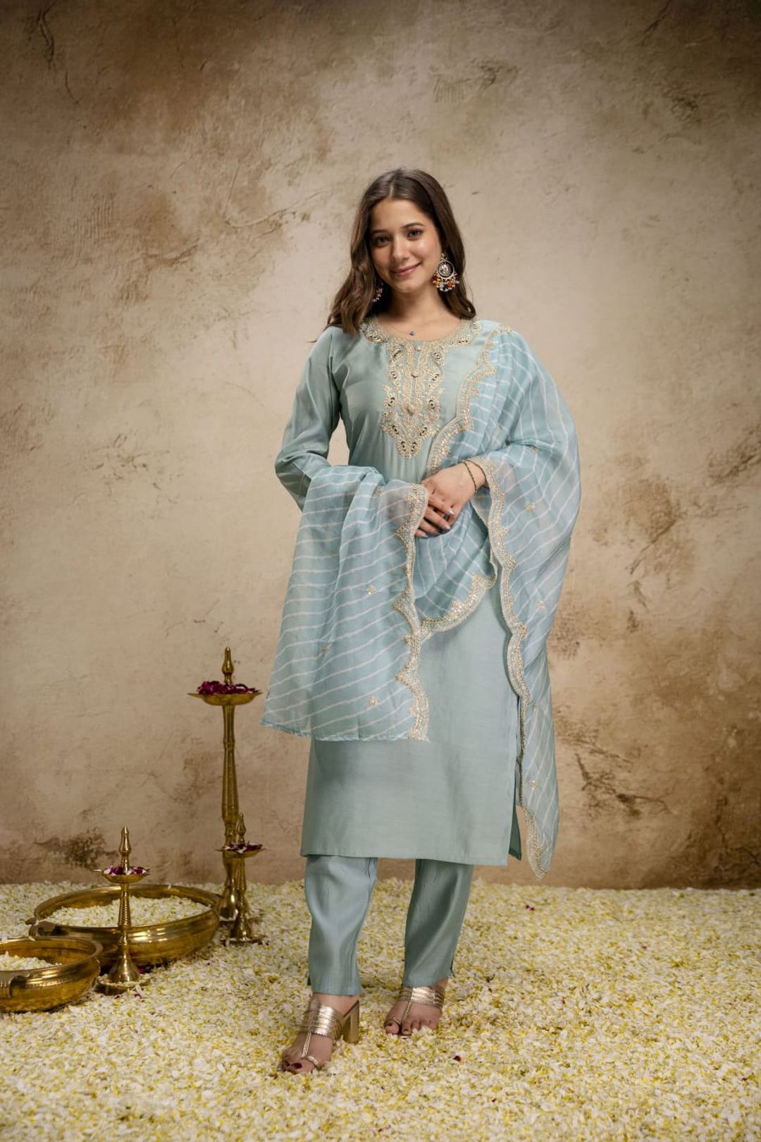 Pastel Blue Embroidered Chanderi Kurta Set with Dupatta