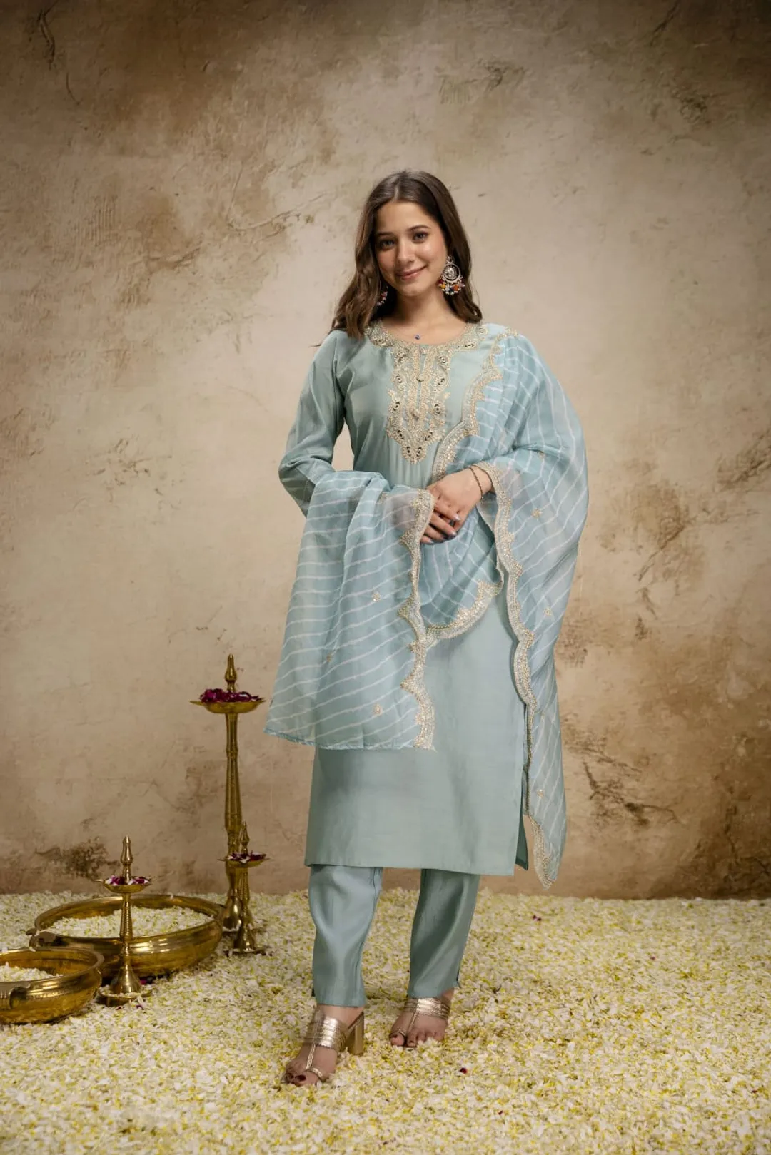 Pastel Blue Embroidered Chanderi Kurta Set with Dupatta