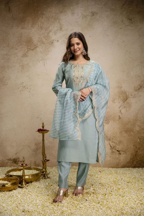 Pastel Blue Embroidered Chanderi Kurta Set with Dupatta