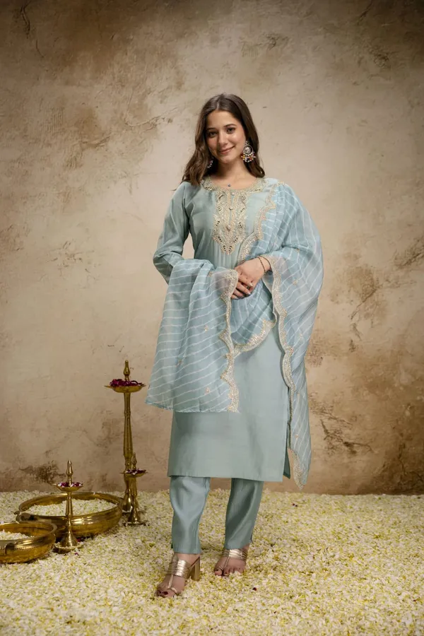 Pastel Blue Embroidered Chanderi Kurta Set with Dupatta
