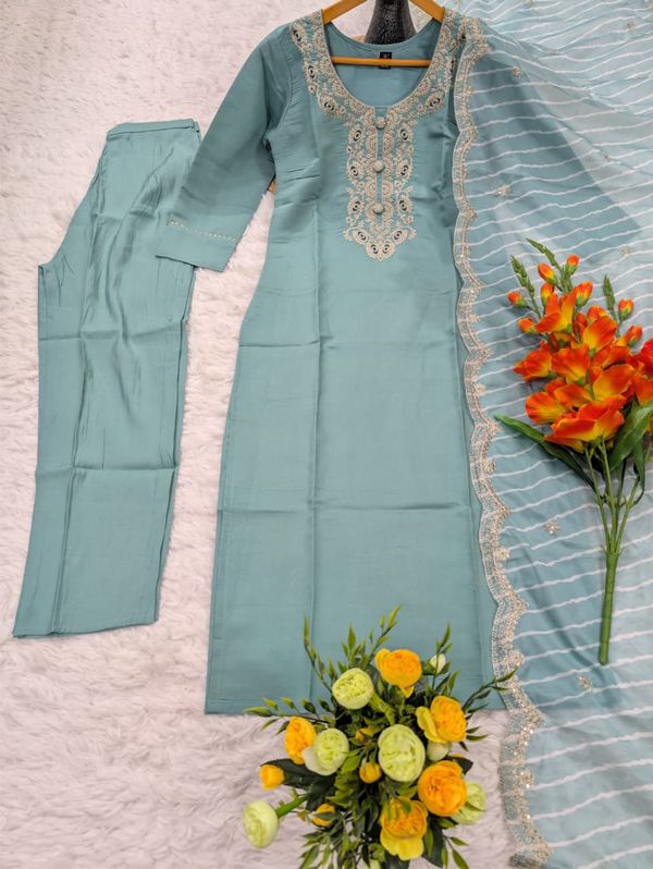 Pastel Blue Embroidered Chanderi Kurta Set with Dupatta