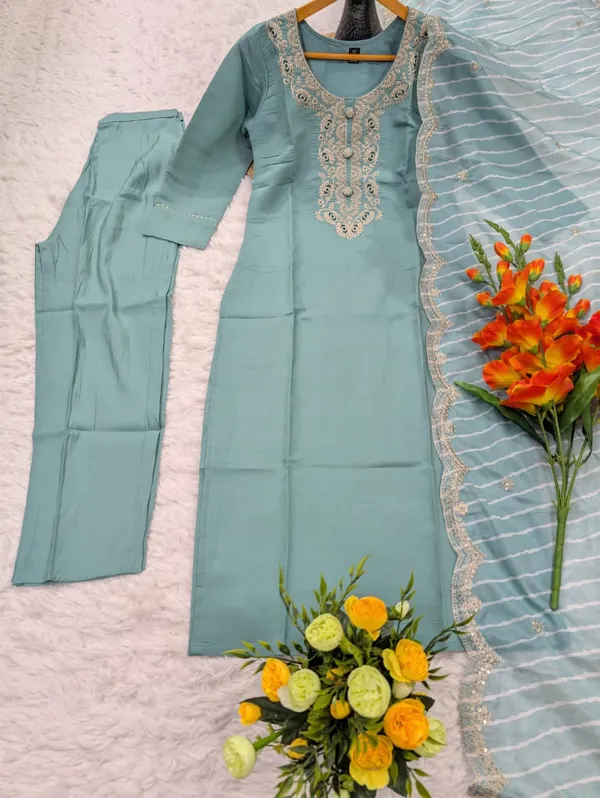 Pastel Blue Embroidered Chanderi Kurta Set with Dupatta