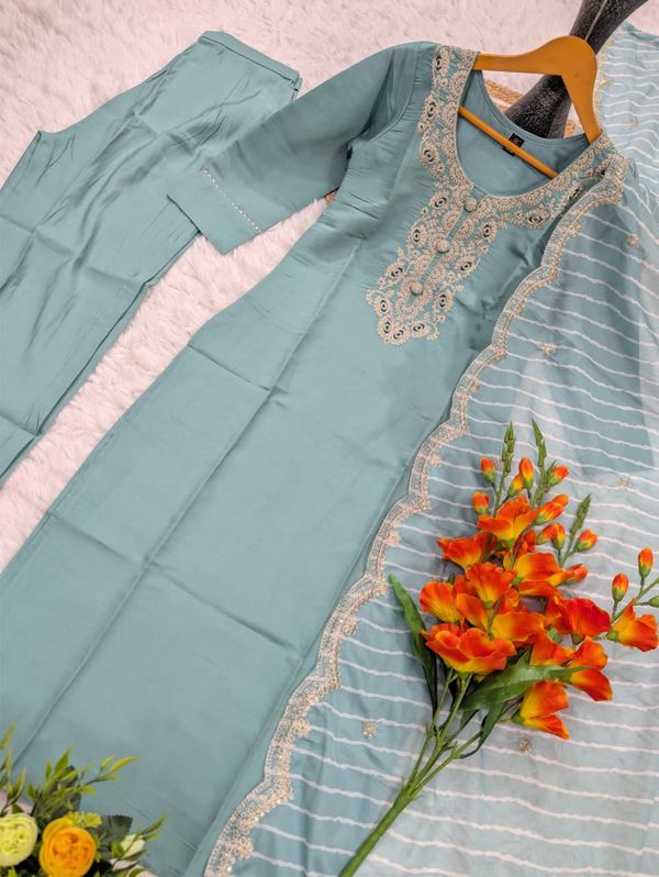 Pastel Blue Embroidered Chanderi Kurta Set with Dupatta