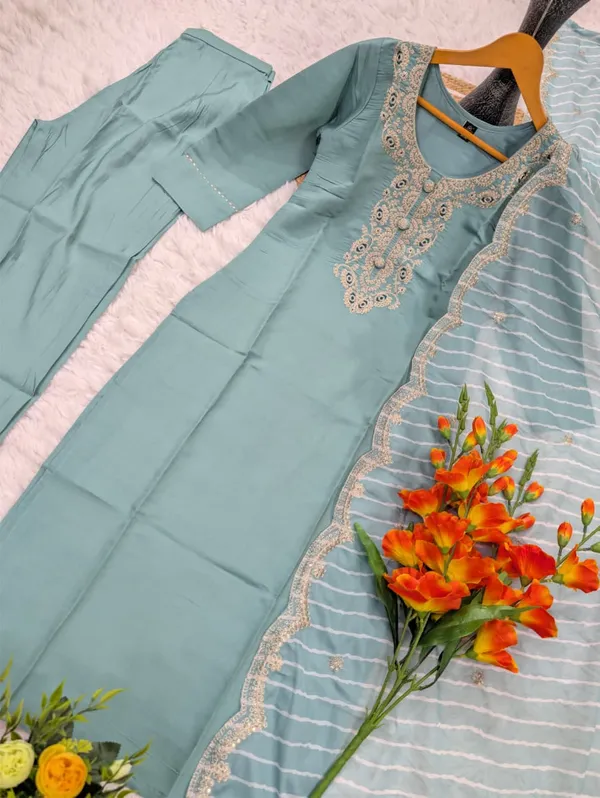 Pastel Blue Embroidered Chanderi Kurta Set with Dupatta