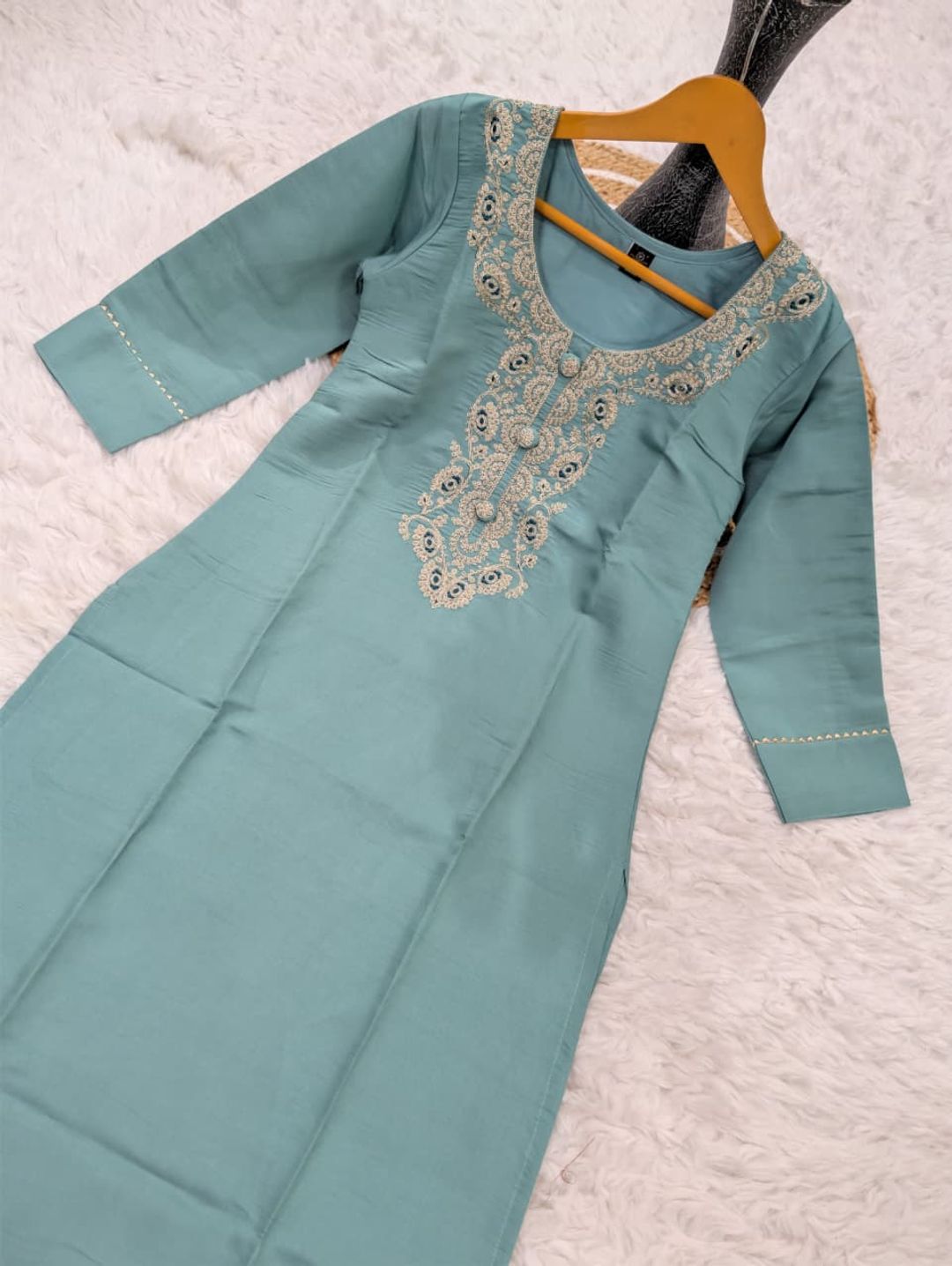 Pastel Blue Embroidered Chanderi Kurta Set with Dupatta
