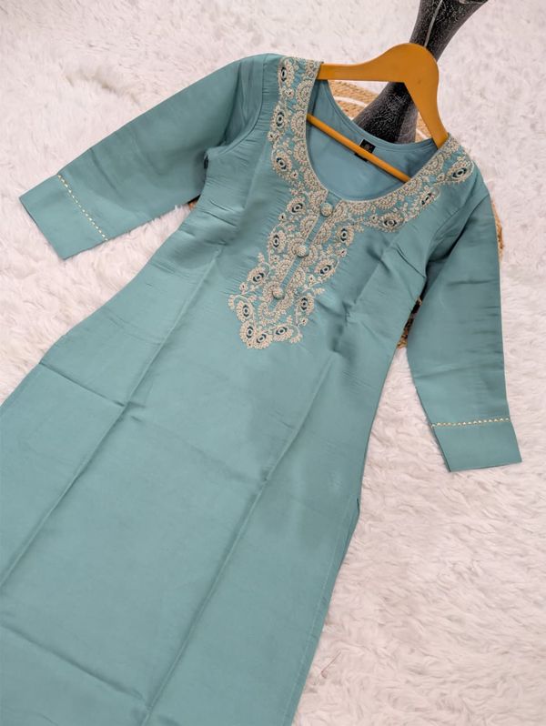 Pastel Blue Embroidered Chanderi Kurta Set with Dupatta