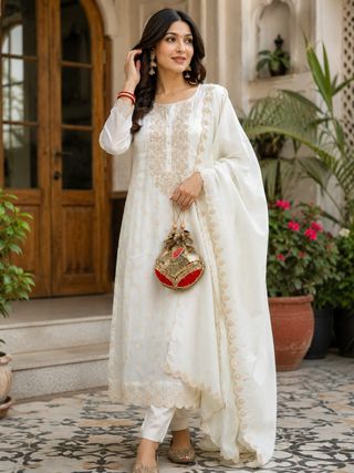 White Embroidered Viscose Jacquard Kurta Set for Women