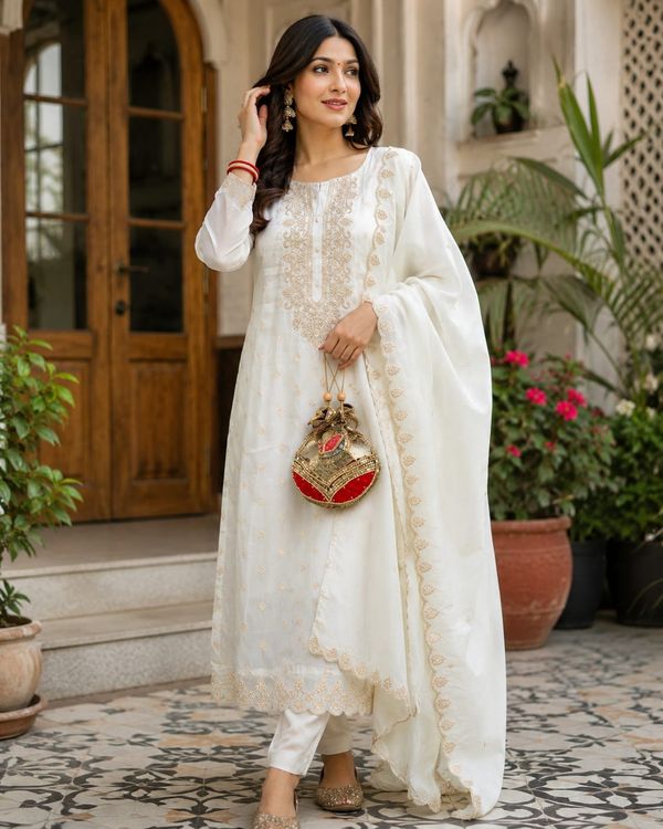 White Embroidered Viscose Jacquard Kurta Set for Women