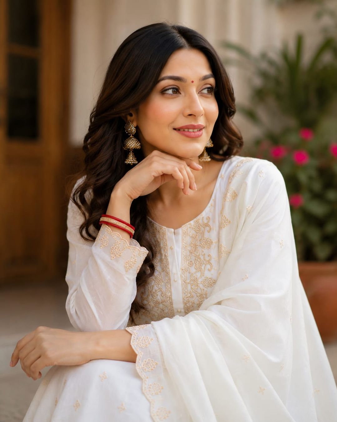 White Embroidered Viscose Jacquard Kurta Set for Women