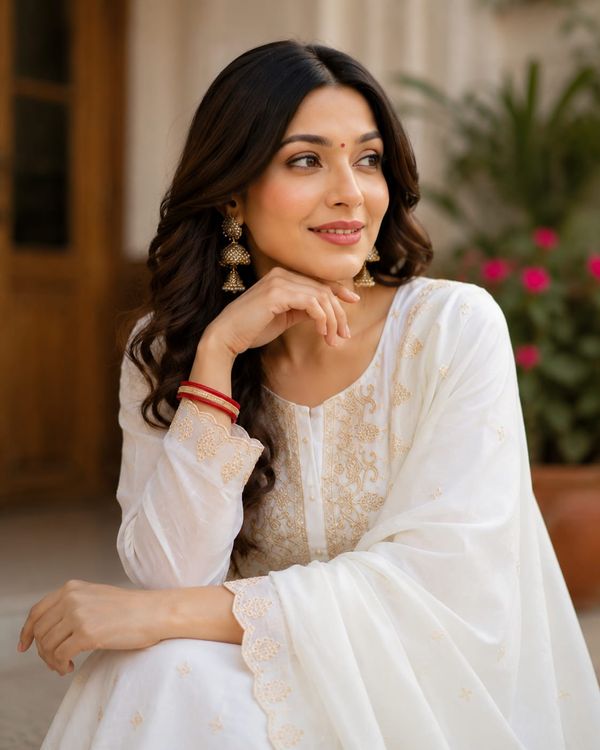 White Embroidered Viscose Jacquard Kurta Set for Women
