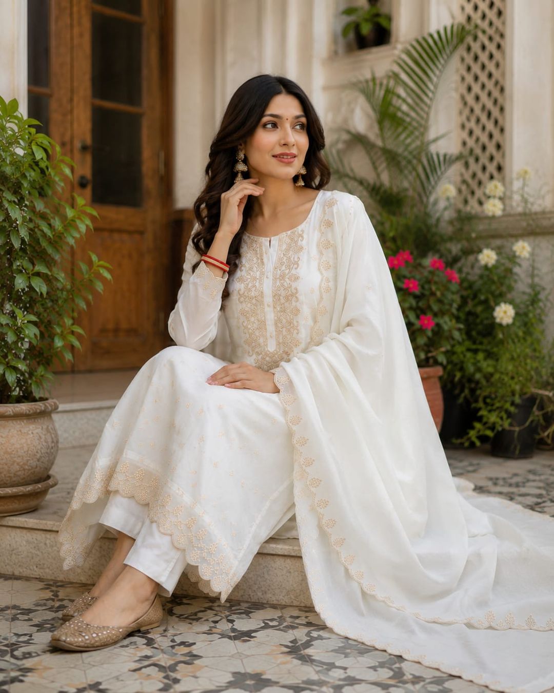 White Embroidered Viscose Jacquard Kurta Set for Women