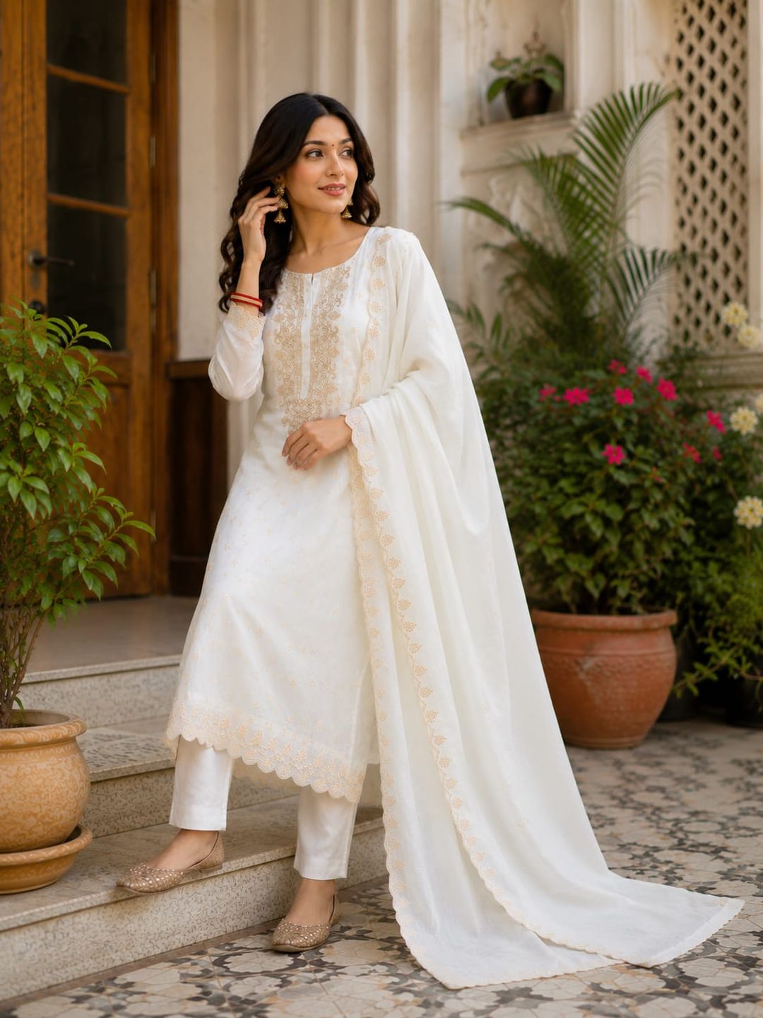 White Embroidered Viscose Jacquard Kurta Set for Women