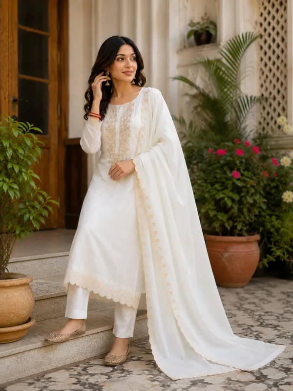 White Embroidered Viscose Jacquard Kurta Set for Women