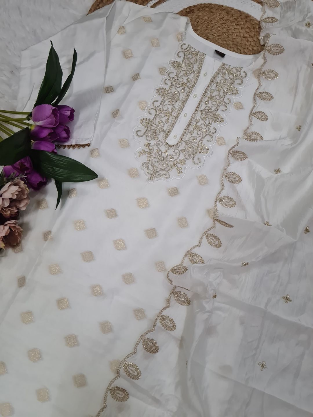 White Embroidered Viscose Jacquard Kurta Set for Women