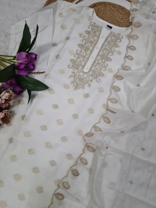 White Embroidered Viscose Jacquard Kurta Set for Women