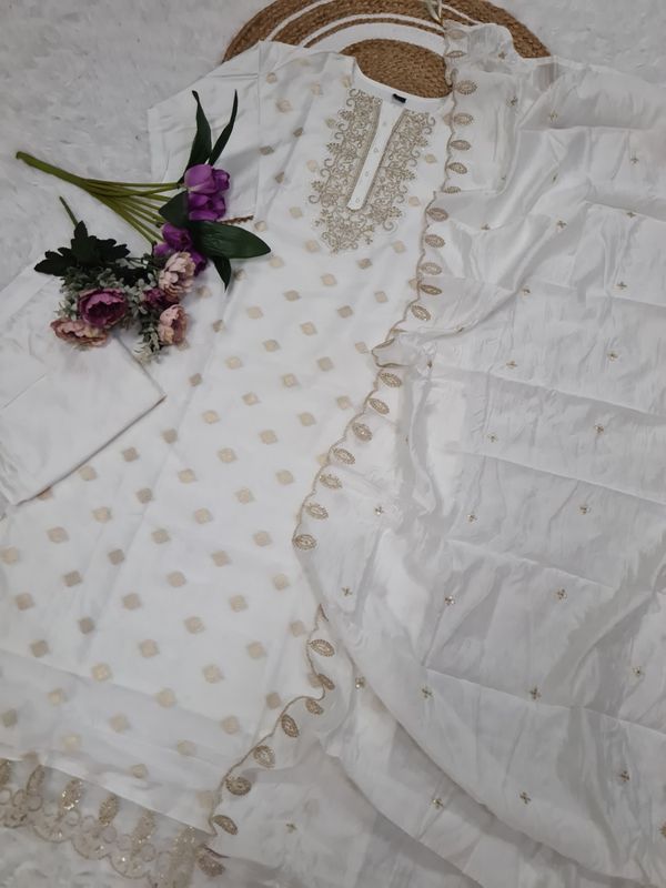 White Embroidered Viscose Jacquard Kurta Set for Women