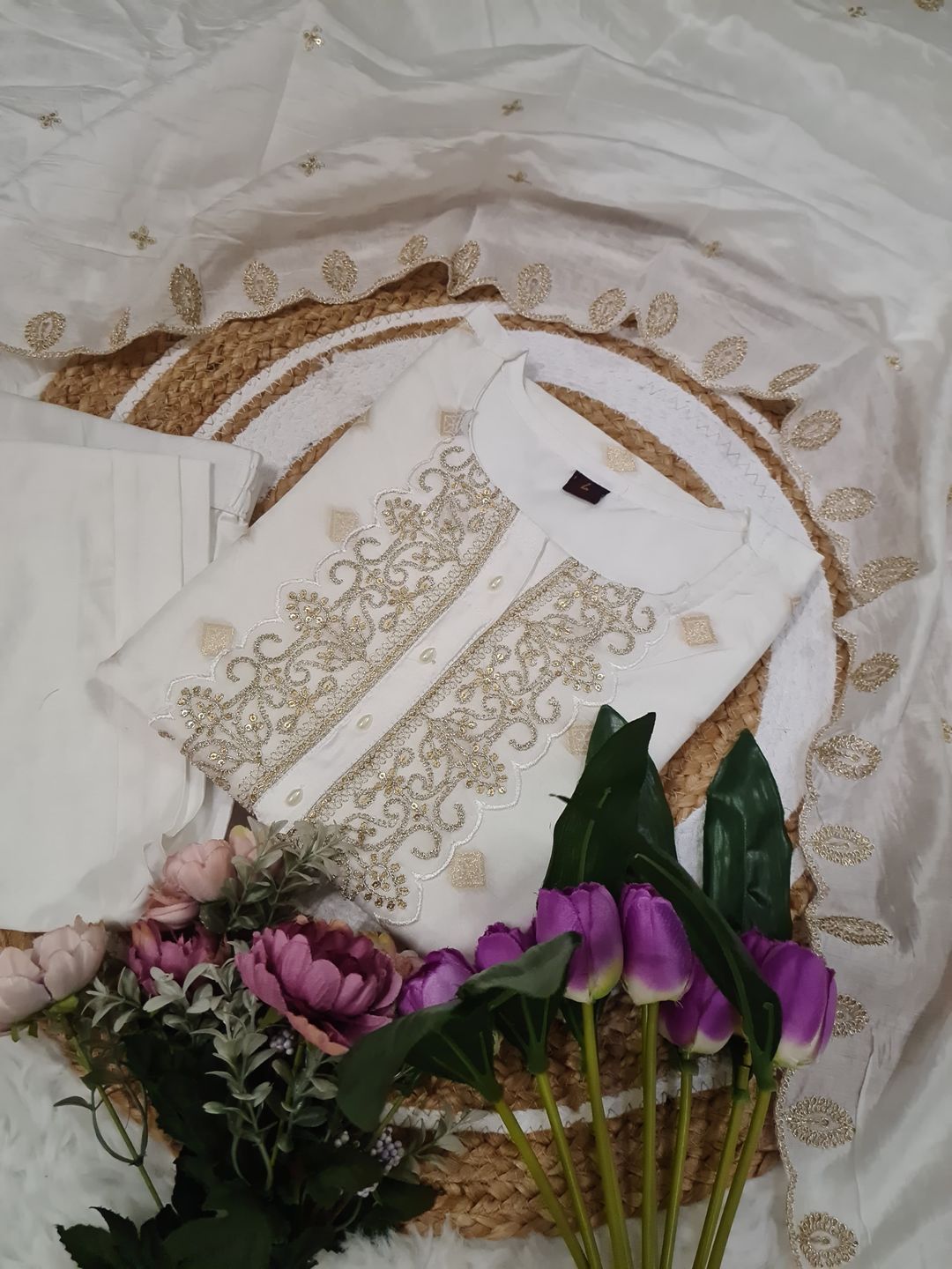 White Embroidered Viscose Jacquard Kurta Set for Women