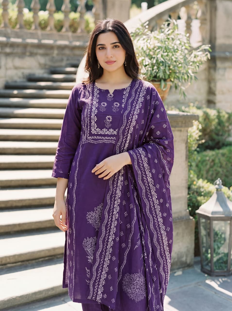 Printed purple salwar suit for puja