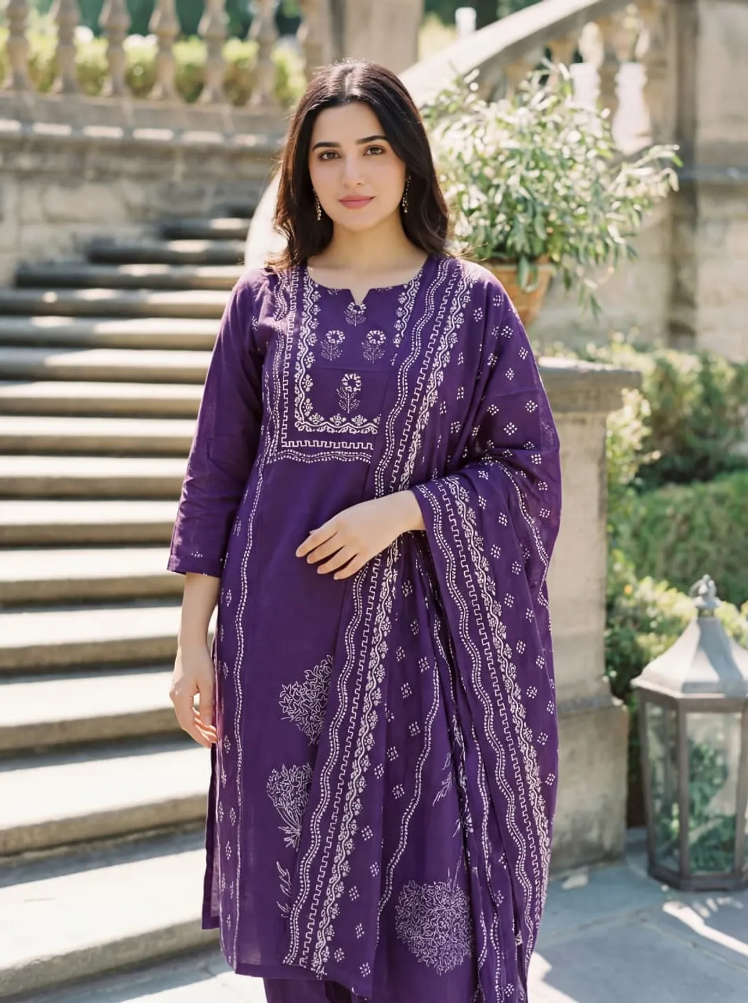 Purple Hand Printed Muslin Kurta Set Women | Varnavi Online