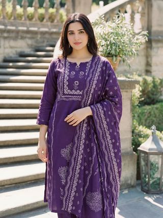Purple Hand Printed Muslin Kurta Set Women | Varnavi Online